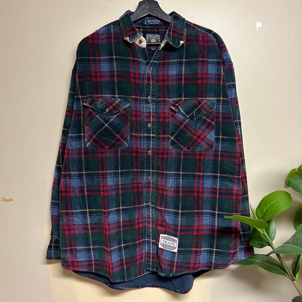 Vintage 90s Chaps Ralph Lauren Red Corduroy Plaid Flannel Button Up Shirt Mens L